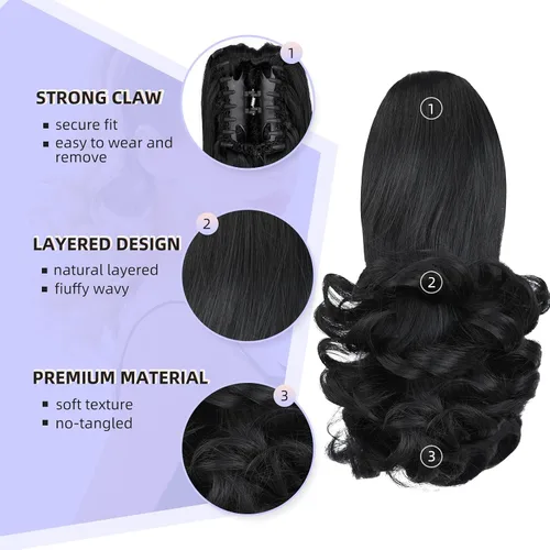 Vista 4 de extensión de cola de caballo, extensión de pelo con pinza de 12" cola de caballo rizada corta Extensión de pelo sintético de aspecto natural