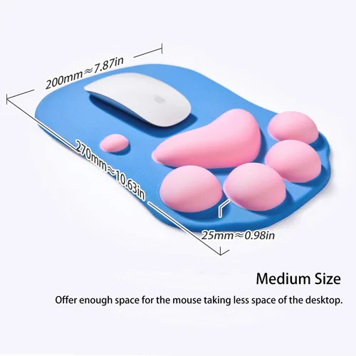 Vista 4 de Alfombrilla de mouse ergonómica con diseño de pata de gato, con soporte para muñeca, gel de silicona, diseño lindo y kawaii, azul y rosa, hogar