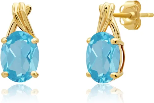 Vista 9 de 14K Yellow or White Gold 8x6mm Gemstone Oval Drop Stud Earrings for Women Azul zafiro creado