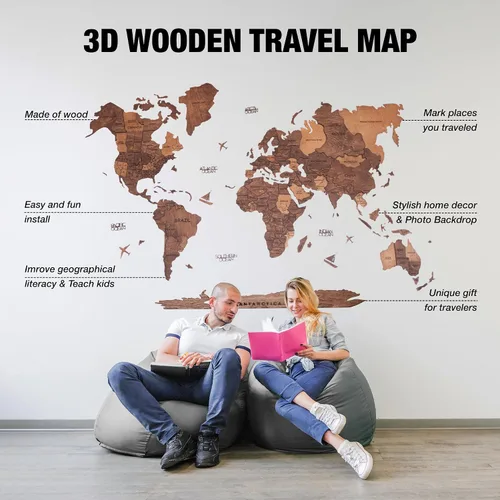 Vista 3 de AWESOMETIK Mapa del mundo de madera 3D de roble, mapa del mundo 3D, fácil instalación con cinta de doble cara, incluye complementos, madera