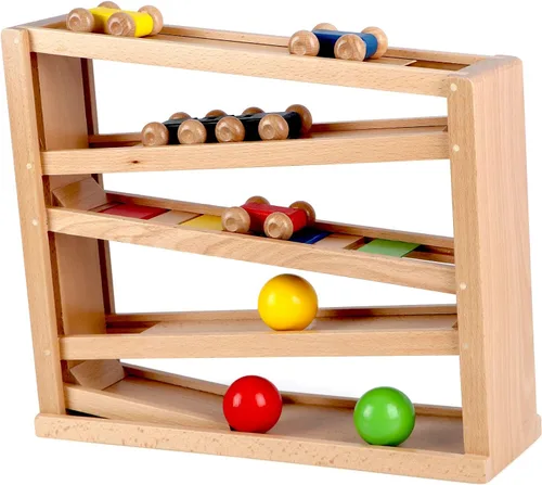 Vista 8 de Qilay Juguete de carreras de madera para niños pequeños, juego de rampa de coche de carreras de 5 niveles incluye 4 autos de madera y 3 pelotas