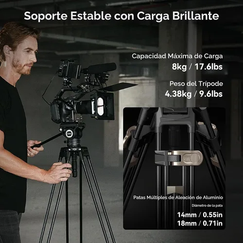 Vista 3 de SmallRig AD-80 FreeBlazer - Sistema de trípode de video resistente, 75 pulgadas de alto, cabezal fluido, ajuste de altura de un solo paso, placa QR