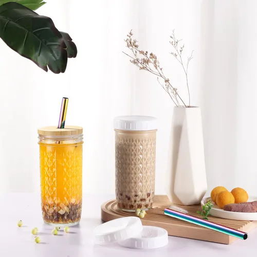 Vista 3 de Juego de 2 vasos de vidrio - Vasos para beber tipo Mason Jar de 24 oz con tapas de bambú y pajitas y 2 tapas herméticas, lindo vaso reutilizable