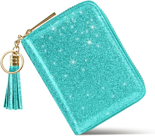 Vista 3 de Coco Rossi Tarjetero de crédito para mujer, cartera pequeña, funda RFID Un brillo azul y verde