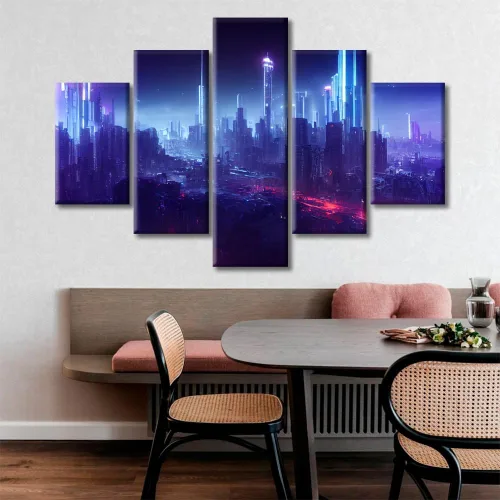 Vista 227 de Cuadros de 5 paneles de Cyberpunk City, arte de pared, representación de vallas publicitarias, edificios modernos en la capital con obras de arte