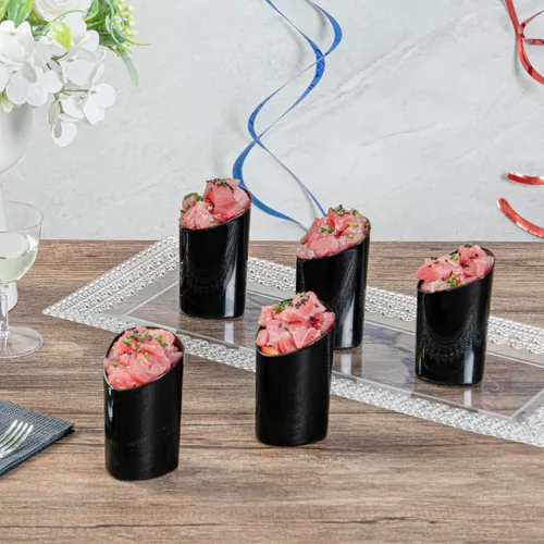 Vista 3 de Restaurantware Vasos de chupito de 3 onzas, 100 vasos de chupito redondos, con acabado negro, vasos de chupito de plástico desechables para servir