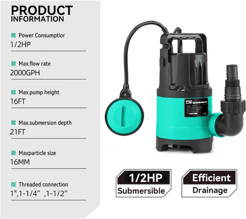 Vista 2 de Bomba de sumidero de 2000 GPH, bomba de agua sumergible Prostormer de 1/2 HP con interruptor de flotador automático, bomba de utilidad portátil