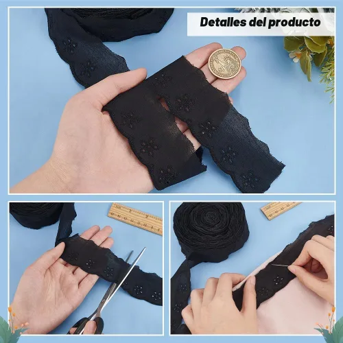 Vista 3 de FINGERINSPIRE Cinta de encaje de algodón de 15 yardas, 1-5/8 pulgadas, color negro, con ojales, bordado floral, ribete de encaje, borde ondulado