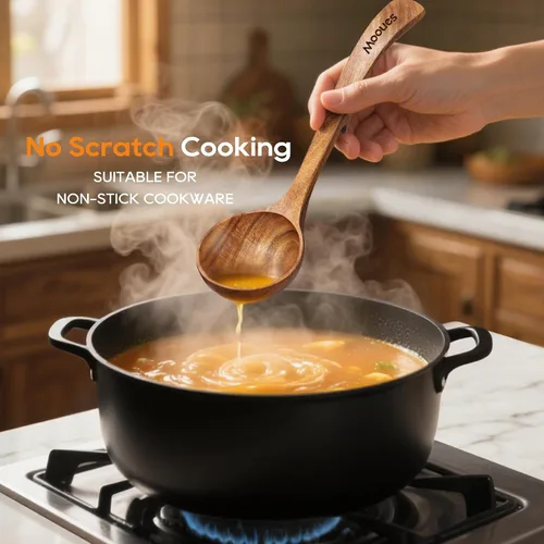 Vista 6 de Cucharón de madera para sopa, cucharón de madera de teca de 3 tamaños con ganchos traseros, cucharas de madera resistentes al calor para cocinar