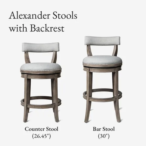 Vista 5 de Maven Lane Alexander - Juego de 2 taburetes de bar de 31 pulgadas, taburetes giratorios con reposapiés, tapicería de madera maciza gris y tela gris