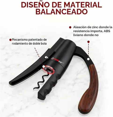 Vista 3 de Forge Sacacorchos de palanca vertical compacta de calidad con cortador de papel de aluminio. 3 segundos para abrir una botella de vino. Negro.