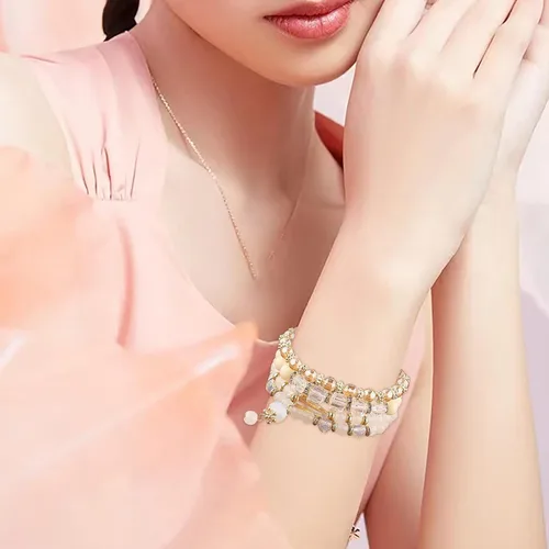 Vista 4 de Juego de aretes de joyería para mujer, pulseras apilables con cuentas para mujer, pulseras elásticas multicapa, joyería multicolor