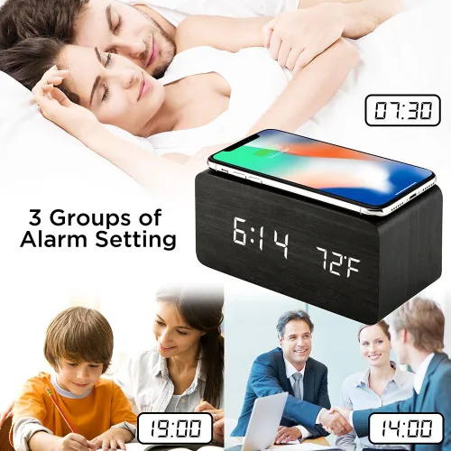 Vista 8 de OCT17 Reloj despertador con almohadilla de carga inalámbrica Qi compatible con iPhone Samsung, reloj digital LED de madera, función de control