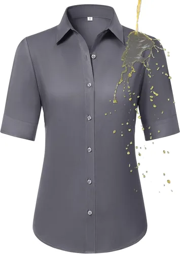 Vista 19 de Camisas con botones para mujer, ajustadas, de manga corta, con cuello, sin arrugas