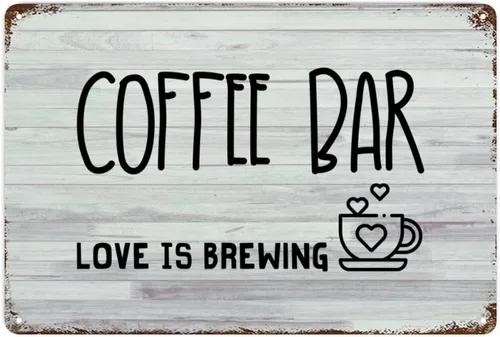 Vista 8 de LUIJORGY Letrero de metal con letras familiares con frases de café Love Is Brewing de grano de madera motivacional, envejecido, elegante