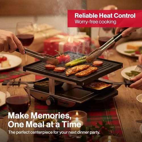 Vista 7 de Swissmar Geneva Raclette Grill con tapa reversible de aluminio fundido - Perfecto para parrilla eléctrica de raclette y asador al aire libre