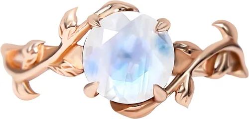 Vista 8 de ASANA - Anillo de compromiso único de piedra lunar para mujer, oro rosa de 14 quilates sobre plata de ley, anillo de compromiso único, banda