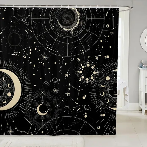 Vista 9 de Cortina de baño con temática del universo cósmico de galaxia, juego de cortina de ducha de cielo nocturno estrellado para niños y adultos, cortina