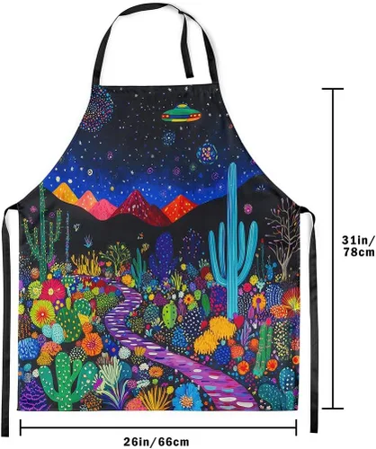 Vista 3 de Castle Fairy Delantal de cocina Alien UFO Retro Jungle Sketch Delantal Blue Black