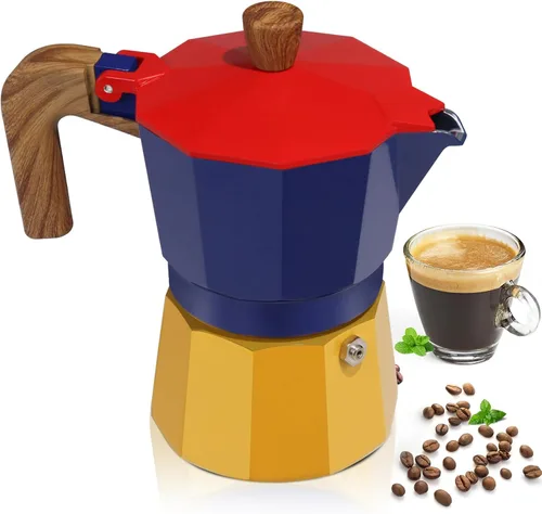 Vista 14 de Cafetera de aluminio con 3 tazas de 150ml (5.1 fl oz) Moka Pot Express, cafetera de café expreso para estufa, colorida cafetera italiana
