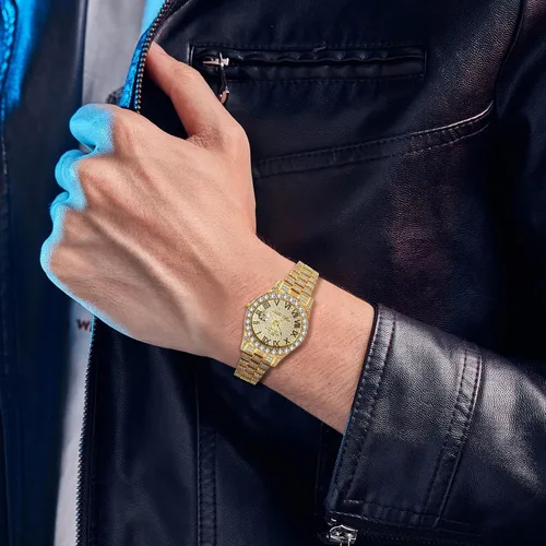 Vista 2 de JewelryWe Mens Iced Out Watches Round Quartz Calendar Wristwatch Hip Hop Gold Plated Stainless Steel Dress Watch for Christmas