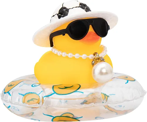 Vista 18 de wonuu Pato de goma para automóvil, decoración de pato amarillo con sombrero para el sol, anillo de natación, collar, gafas de sol para decoración