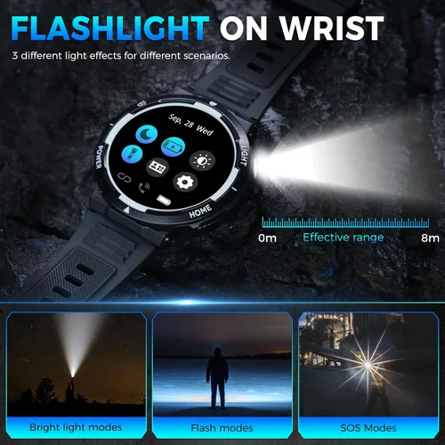 Vista 3 de Reloj inteligente militar para hombre (respuesta/hacer llamadas), reloj inteligente resistente con linterna LED, resistente al agua de 3 ATM