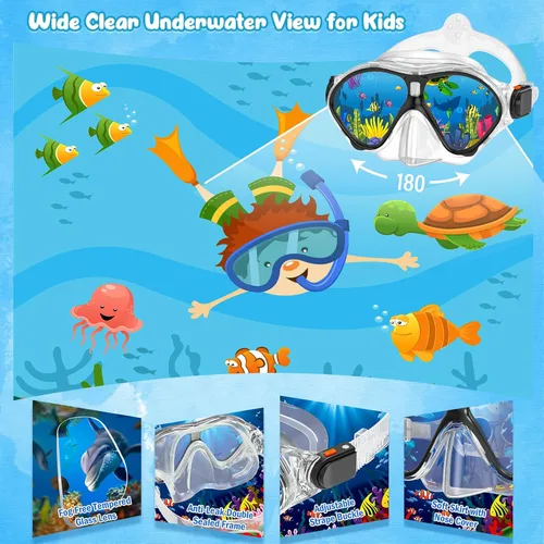 Vista 2 de Seovediary Juego de esnórquel para niños, máscara, aletas, equipo de esnórquel para niños, gafas de natación antiniebla con vista panorámica de 180