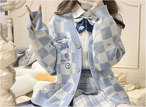Vista 7 de Suéter Kawaii de anime a cuadros para mujer disfraz de cosplay con cuello en V manga larga