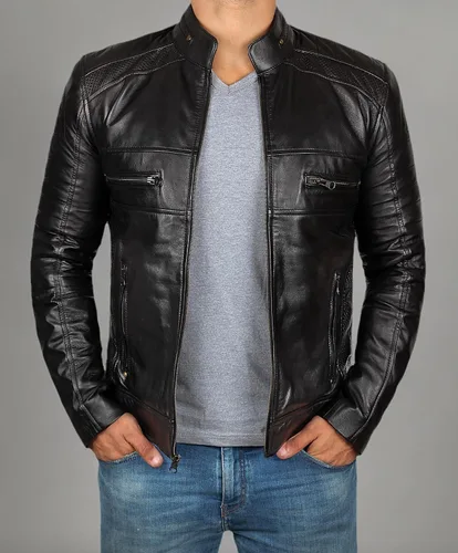 Vista 5 de Decrum Chaqueta de piel de cordero real Cafe Racer para hombre, estilo de Austin Negro