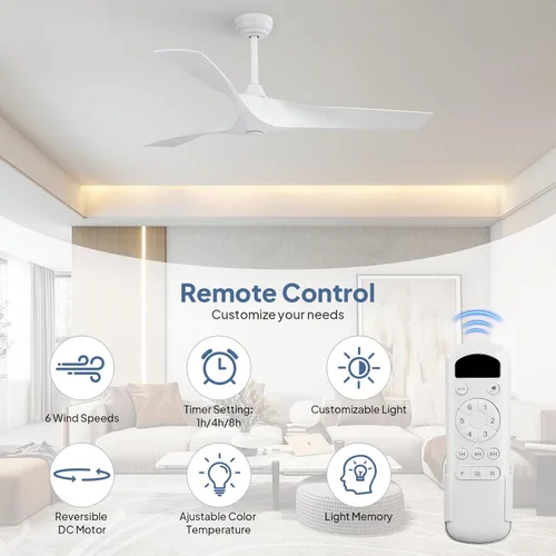 Vista 7 de Sofucor Ventilador de techo blanco de 52 pulgadas sin luz, ventilador de techo moderno con control remoto, 3 aspas de ABS, motor CC reversible sin