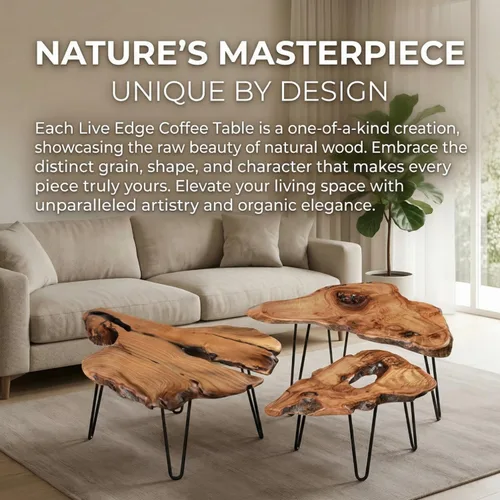 Vista 7 de Mesa de centro única de madera natural con borde vivo para sala de estar, madera maciza hecha a mano, diseño único con forma orgánica