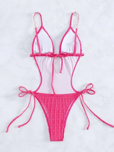 Vista 2 de MakeMeChic Traje de baño sexy de una pieza con ojales bordados y lazo lateral para mujer