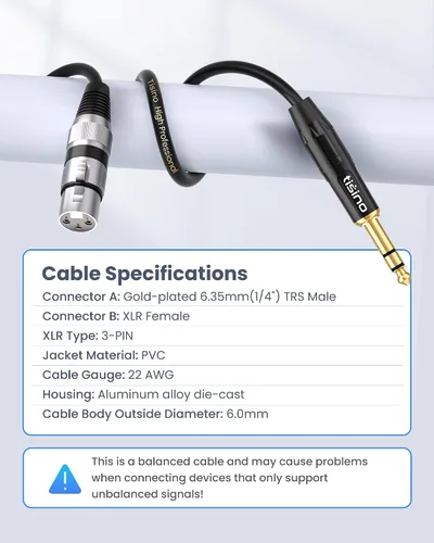 Vista 7 de Tisino Cable de micrófono de XLR hembra a TRS de 1/4'', conector estéreo de 6.35mm a XLR hembra de 3 pines cable de interconexión balanceado - 3.3FT