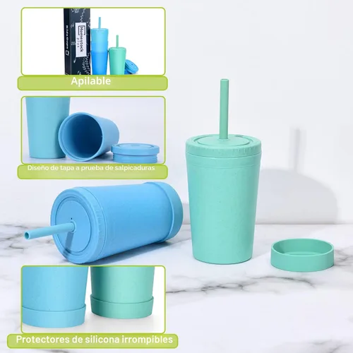 Vista 5 de Homestockplus Vasos reutilizables de paja de trigo con tapas y pajitas de silicona, 10 Oz resistentes a las astillas, tazas pequeñas de agua Varios