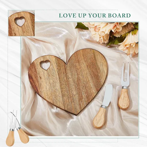 Vista 5 de Patelai 1 Juego de Tabla de Queso en Forma de Corazón para Despedida de Soltera y Baby Shower con Cuchillo, Tabla Mini de Madera para Charcutería