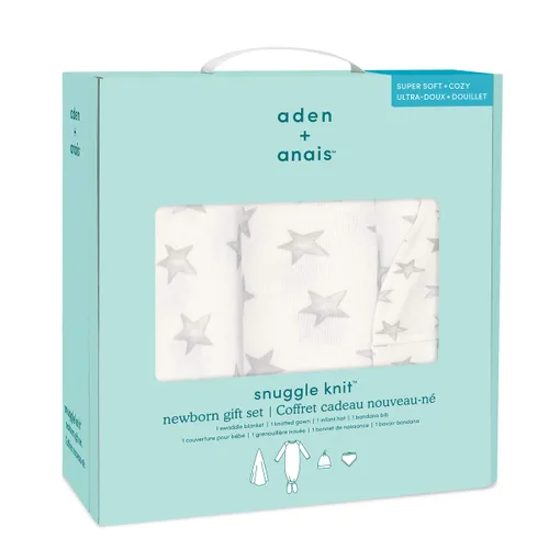 Vista 2 de aden + anais Snuggle Knit - Juego de regalo para recién nacido con vestido de bebé anudado, manta para envolver, sombrero infantil y babero bandana