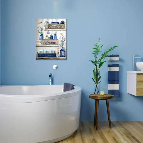 Vista 9 de BFKDKG Arte Decorativo de Pared para Baño Azul Marino Lienzo de Pared Decorativo para Baño Azul Rústico Por Favor Siéntate en Tu Propio Logo Pintura