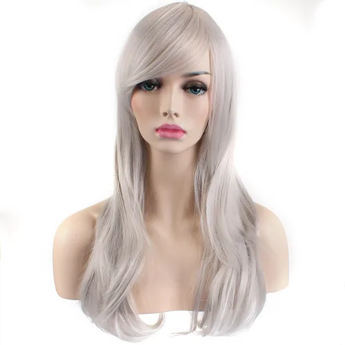 Vista 3 de Peluca de cosplay para mujeres con gorra, peluca de 28 in largo y ondulado resistente al calor de AKStor, Blanco