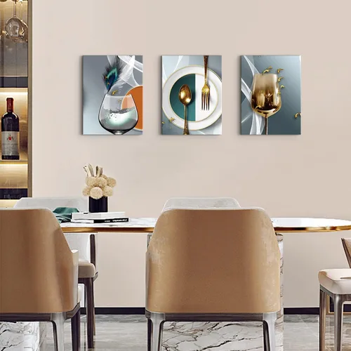 Vista 2 de AIYISU 3 piezas de arte de pared de cocina con copas de vino para decoración de pared del comedor Cuadros de copas de vino en teja, gris y oro