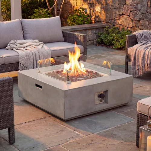 Vista 15 de COSIEST mesa cuadrada de propano para exteriores de arenisca con protector contra el viento, certificada, quemador de acero inoxidable de 50,000