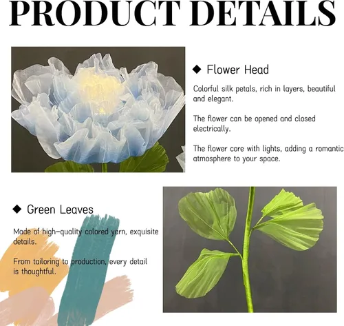 Vista 6 de Decoración de Flores Gigantes con Luz, 6.56 Pies Organza Floral Eléctrica Grande de Apertura Automática con Luz Parpadeante para Boda Cumpleaños