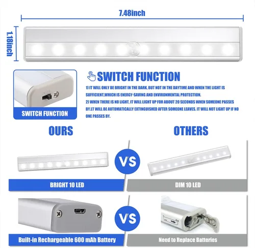 Vista 10 de Paquete de 6 luces LED con sensor de movimiento, iluminación inalámbrica para debajo del gabinete, luces LED con sensor de movimiento, barra de luz