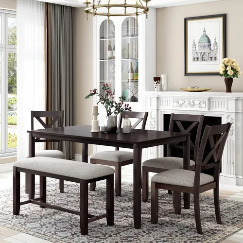 Vista 13 de FRANSOUL Juego de 5 mesas redondas de madera con estante inferior, 4 sillas tapizadas para comedor, cocina, comedor, desayuno familiar, color marrón