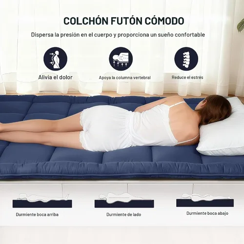 Vista 3 de Colchón de piso japonés Futón, colchón enrollable plegable de 5 capas gruesas, almohada de tatami de espuma cómoda (Azul profundo, individual)