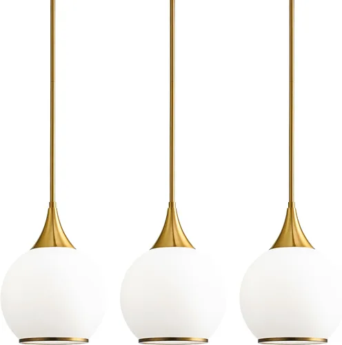 Vista 13 de Luces Colgantes para Isla de Cocina: Lámpara de Estilo Granja Dorada Cepillada con Vidrio Transparente - Globo de Mediados de Siglo de 10 Pulgadas