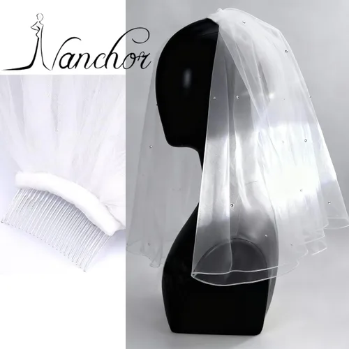 Vista 5 de Velo de novia para mujer, velo corto con tul de diamantes de imitación para despedida de soltera 38cm/15" Blanco