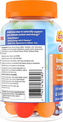 Vista 9 de Emergen-C Gomitas de vitamina C de 750 mg para adultos, gomitas de apoyo inmunológico, sin gluten, sabores de fresa, limón y arándanos, 45