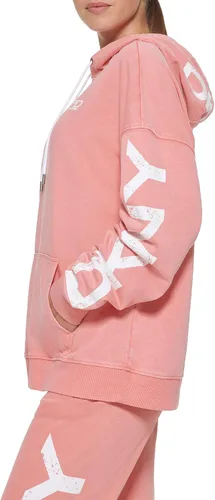 Vista 3 de DKNY Sudadera con capucha para mujer, con bolsillo, ajuste relajado, con logotipo agrietado