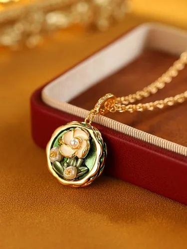 Vista 3 de Collar vintage Van Gogh flor verde pintura al óleo estilo colgante collares para mujer